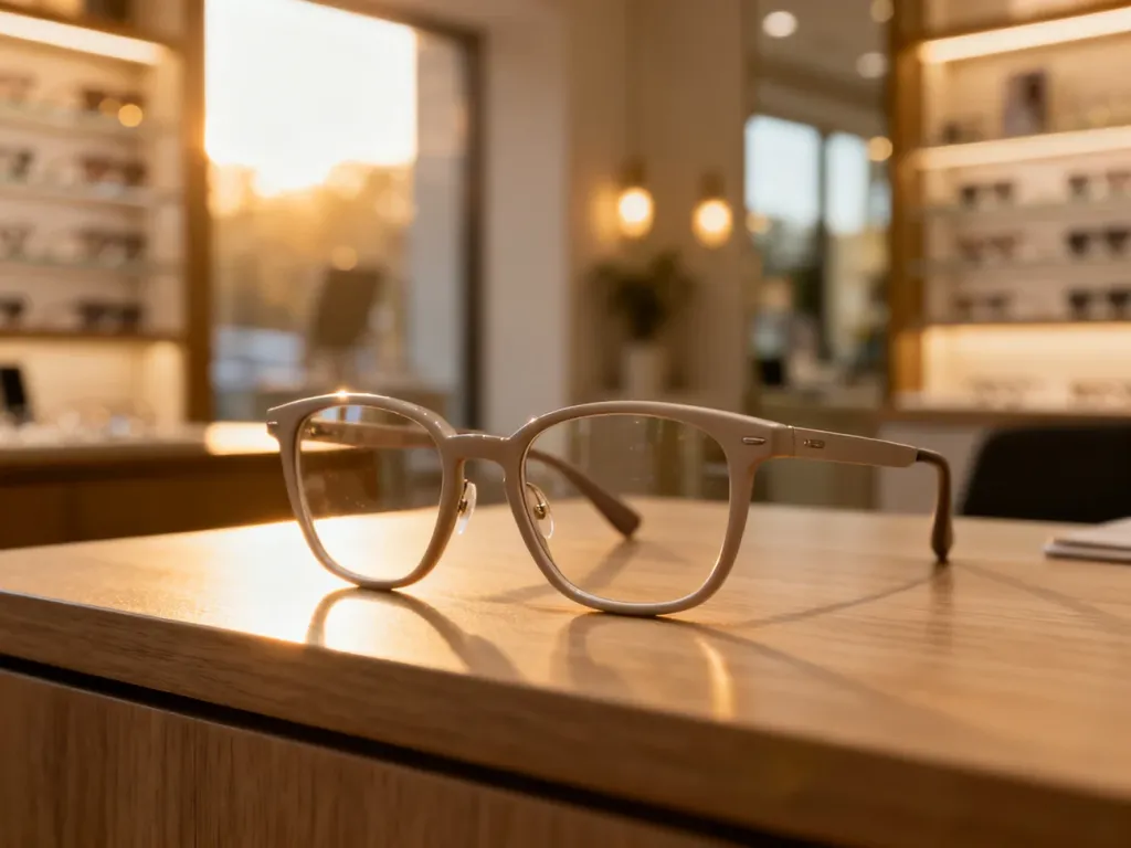 Stylowe okulary na drewnianym biurku w tle rozmytego salonu optycznego, podkreślające jakość i design oprawek.