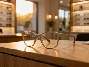 Stylowe okulary na drewnianym stole w otoczeniu odcieni szmaragdu i złota, podkreślające elegancję zielonych oczu.