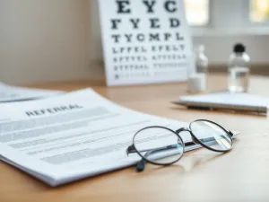 Inteligentne okulary Ray-Ban Meta leżące na drewnianym biurku w promieniach porannego słońca.