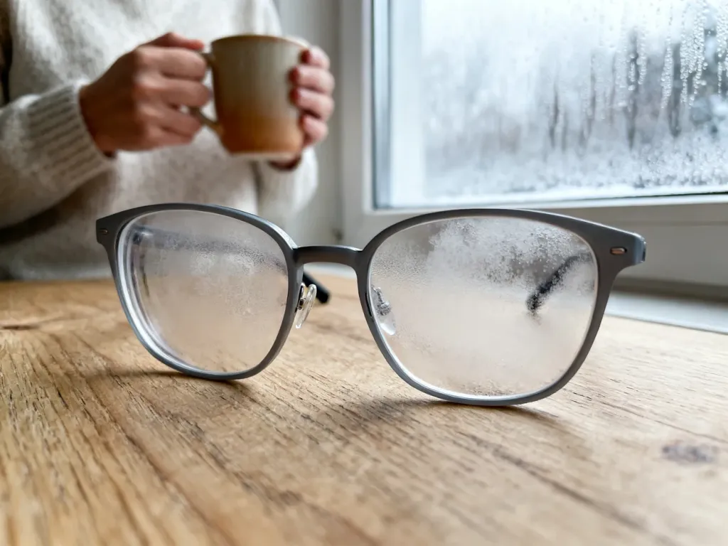 Nowoczesne okulary z lekko zaparowanymi szkłami na drewnianym blacie, w tle osoba z ciepłym kubkiem przy oknie