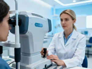 Wysokiej jakości soczewki progresywne Zeiss leżące na drewnianym biurku, ukazujące wyraźny obraz miejskiego krajobrazu.