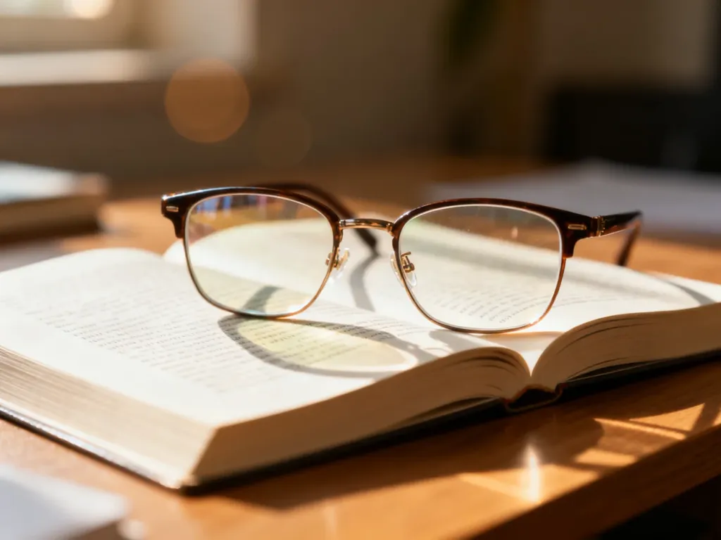 Stylowe okulary korekcyjne leżące na otwartej książce w promieniach porannego słońca.