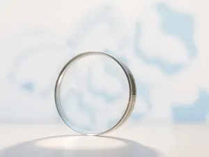 Stylowe okulary na drewnianym biurku w tle rozmytego salonu optycznego, podkreślające jakość i design oprawek.