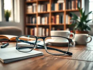 Nowoczesne okulary korekcyjne leżące na drewnianym stole w tle wnętrza salonu optycznego.