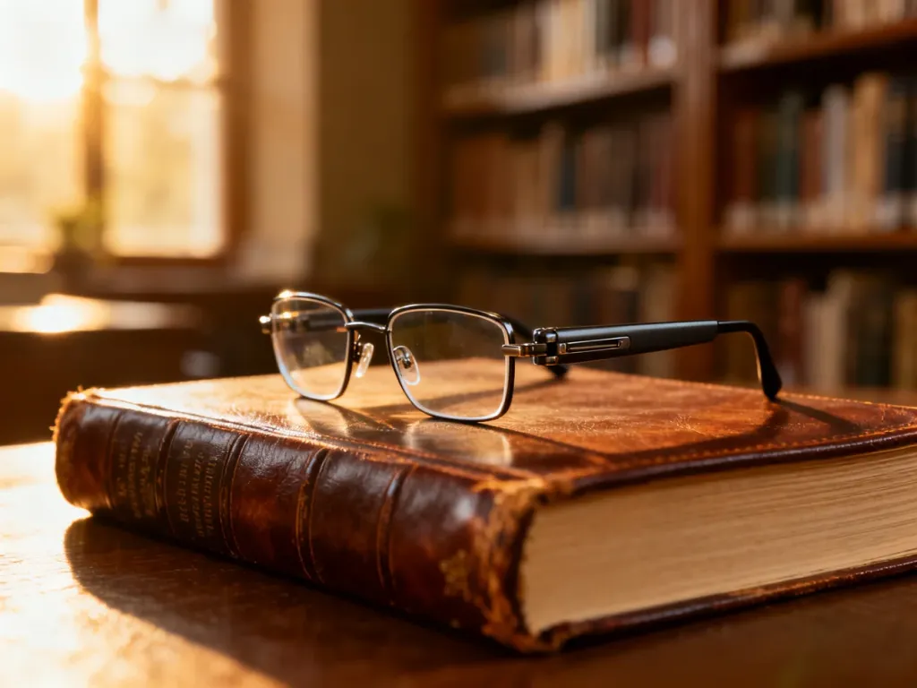 Nowoczesne składane okulary do czytania leżące na otwartej, zabytkowej książce w przytulnym wnętrzu biblioteki.