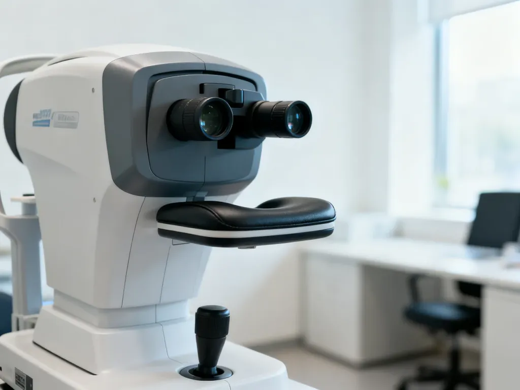Nowoczesne urządzenie do badania OCT w jasnym gabinecie okulistycznym, gotowe do przeprowadzenia diagnostyki wzroku.