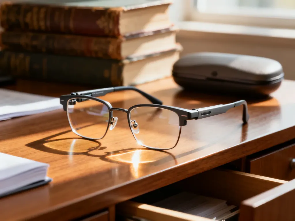 Nowoczesne okulary do czytania z regulowaną ostrością leżące na drewnianym biurku obok starych książek.