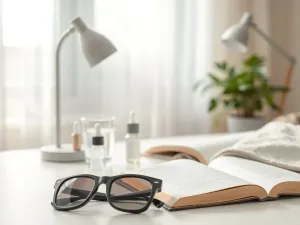 Eleganckie etui na soczewki kontaktowe na marmurowym blacie w otoczeniu akcesoriów kosmetycznych.