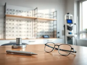 Stylowe, okrągłe okulary korekcyjne typu lenonki leżące na drewnianym biurku w przytulnym, bibliotecznym wnętrzu.