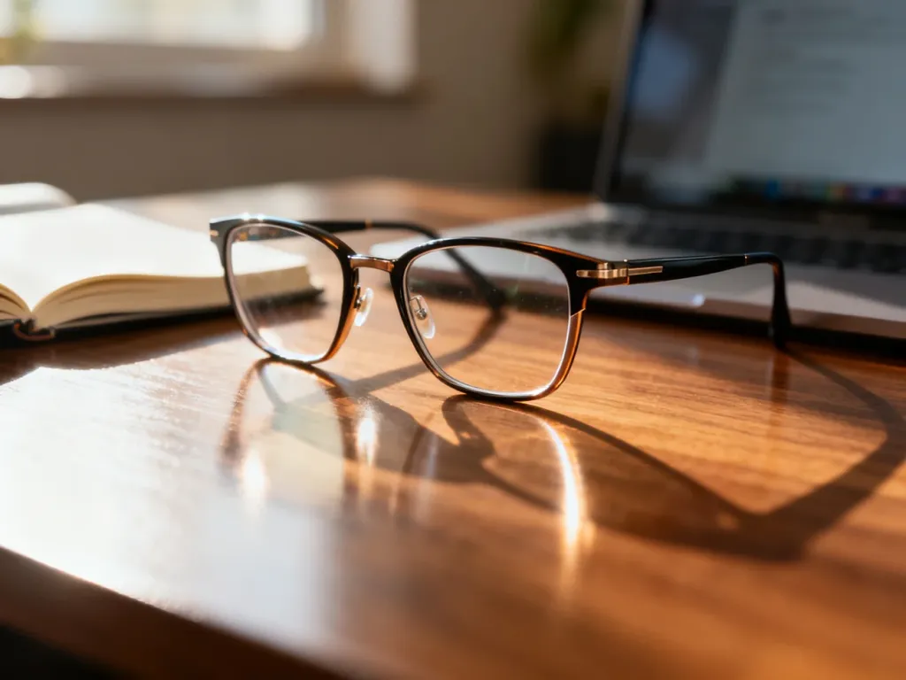 Stylowe okulary na drewnianym biurku obok notatnika i laptopa, podkreślające elegancję i komfort codziennego użytkowania.