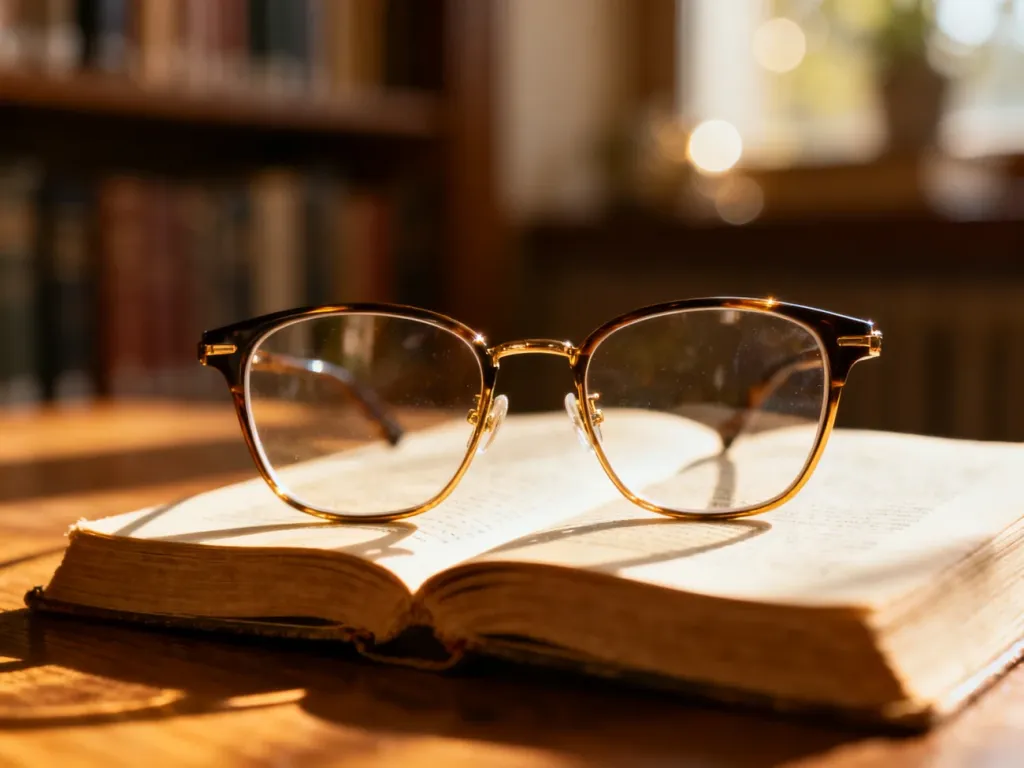 Stylowe okulary korekcyjne leżące na otwartej książce w przytulnym, domowym wnętrzu.