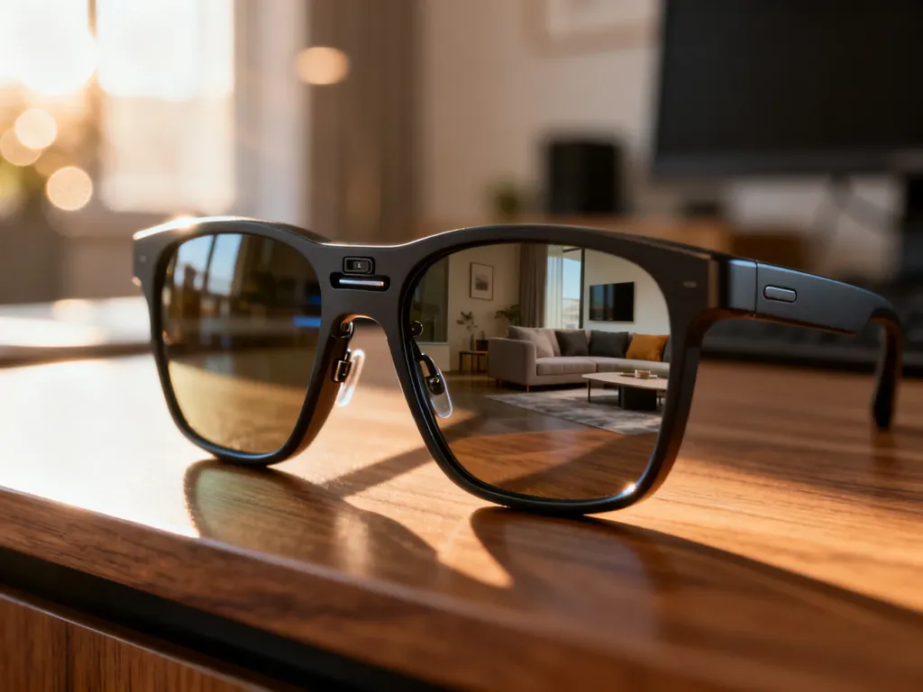Inteligentne okulary Ray-Ban Meta leżące na drewnianym biurku w promieniach porannego słońca.