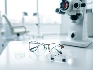 Stylowe okulary na drewnianym stole w otoczeniu odcieni szmaragdu i złota, podkreślające elegancję zielonych oczu.
