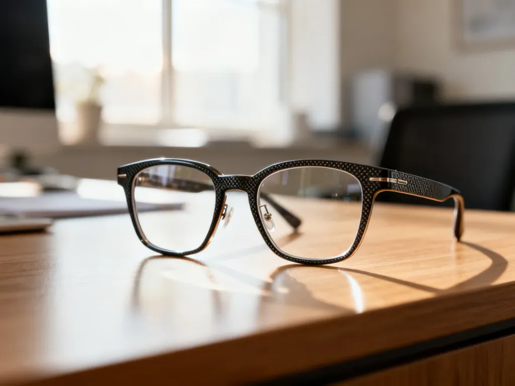 Stylowe okulary Steiner Vision spoczywające na drewnianym biurku w jasnym, profesjonalnym biurze.
