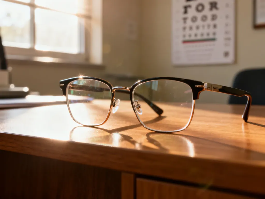 Stylowe okulary progresywne leżące na drewnianym biurku w gabinecie optometrysty.