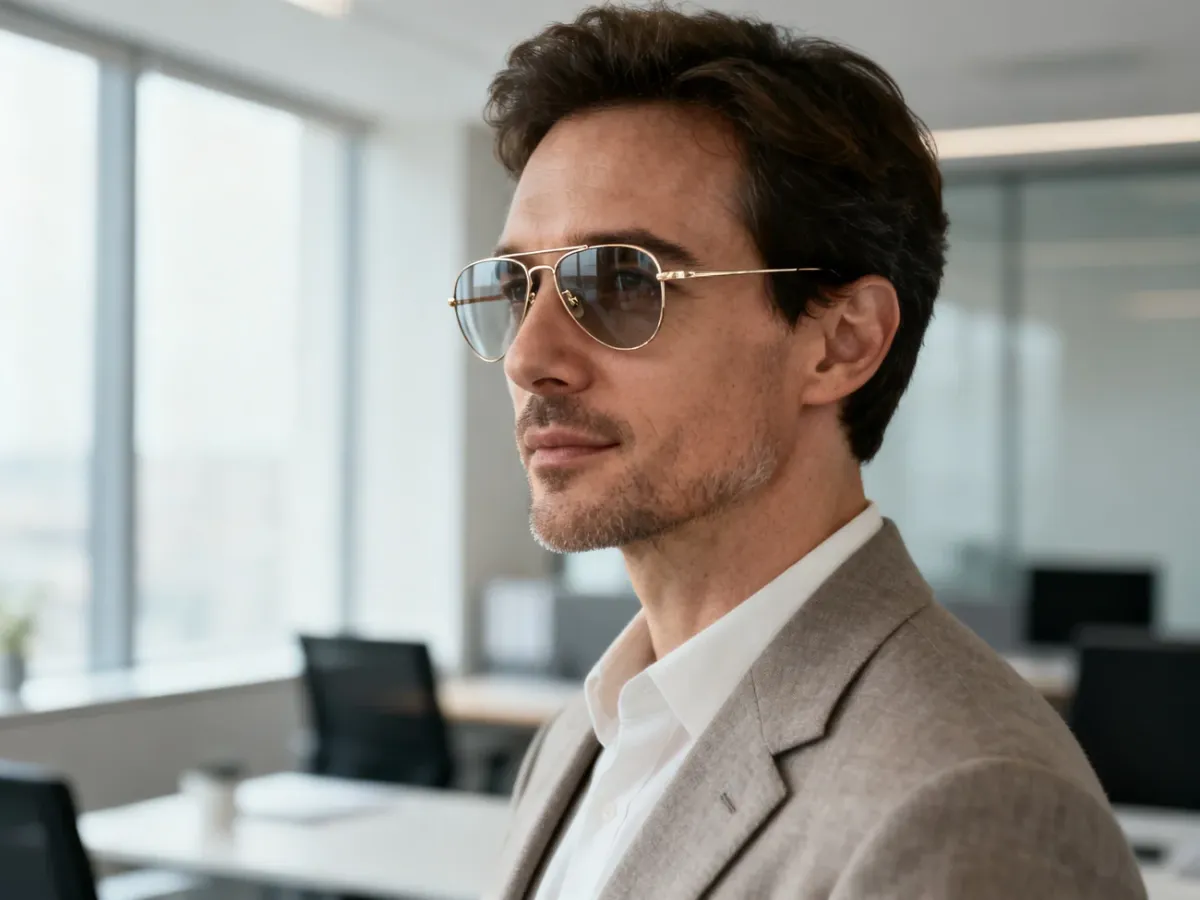 Osoba w korekcyjnych okularach aviator w nowoczesnym biurze