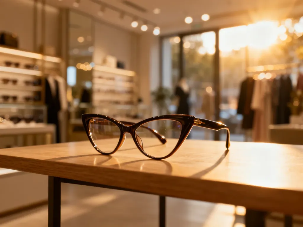 Stylowe okulary typu kocie oko na drewnianym stole w tle eleganckiego butiku oświetlonego ciepłym światłem słonecznym.