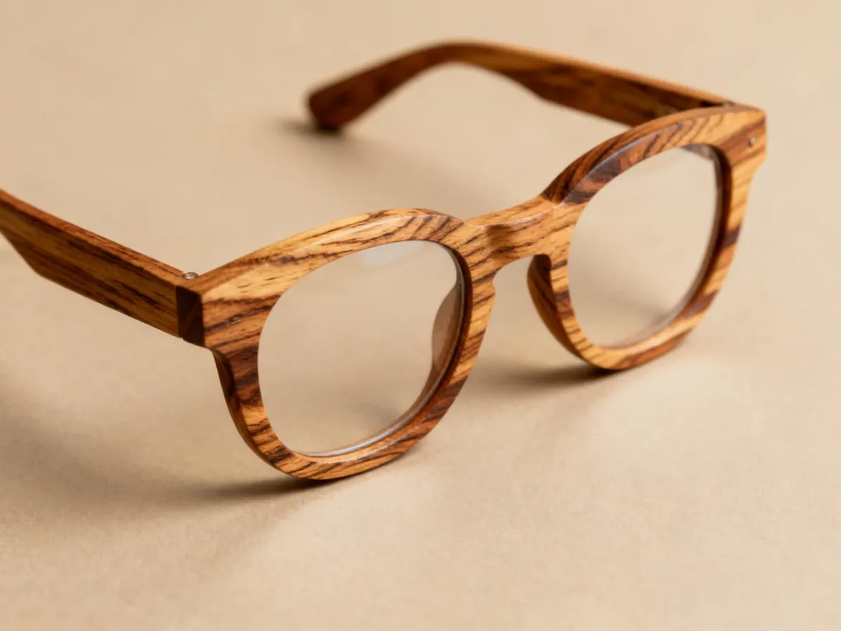 Drewniane okulary o wyrazistej fakturze naturalnego drewna