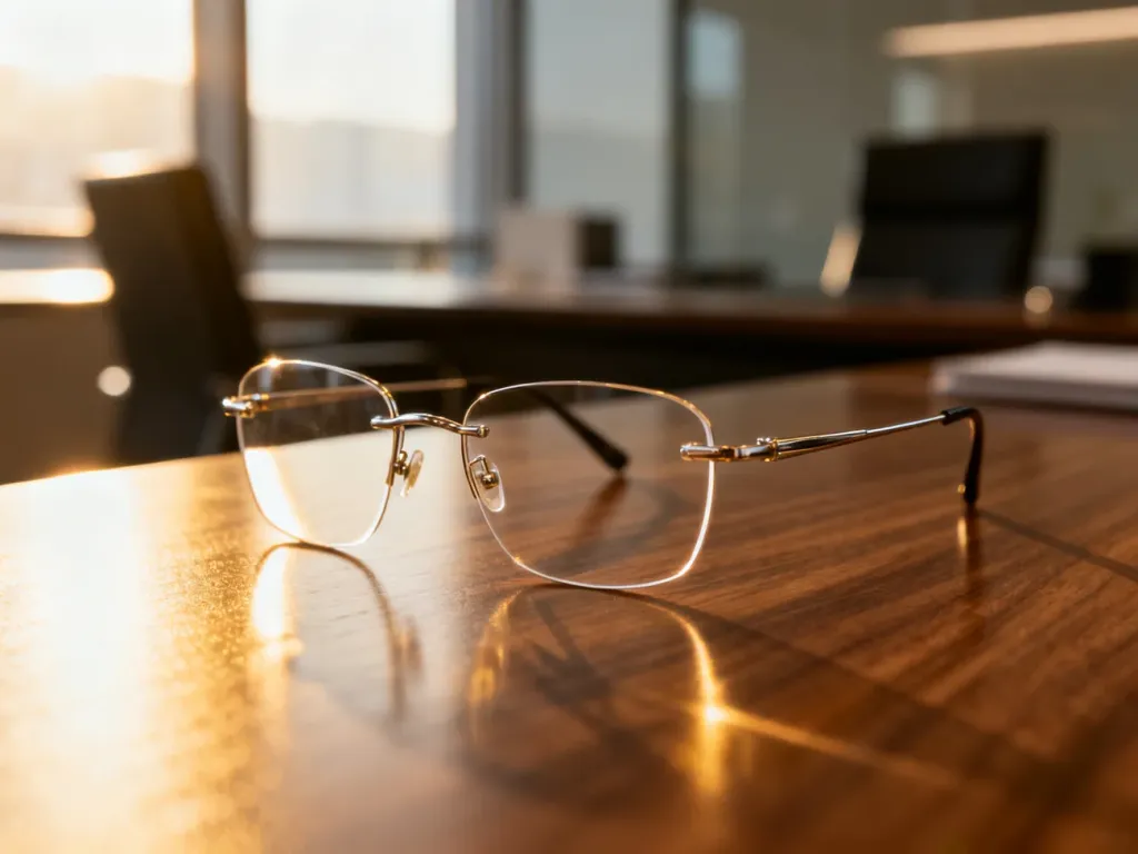 Minimalistyczne okulary bezramkowe z tytanowym mostkiem leżące na drewnianym biurku w nowoczesnym biurze.