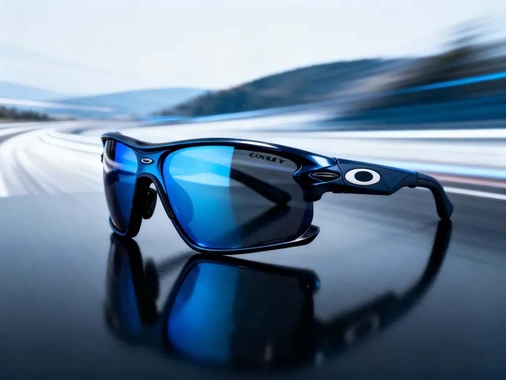 Sportowe okulary Oakley na ciemnym, błyszczącym podłożu z dynamicznym tłem sugerującym szybkość i aktywność na świeżym powietrzu.