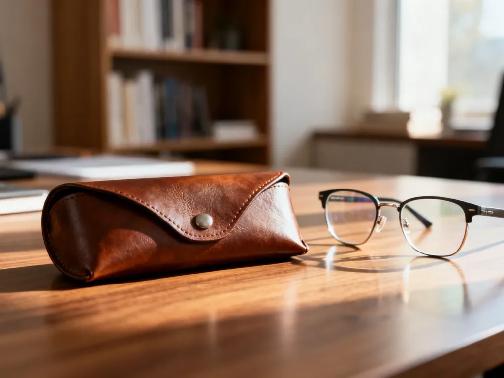 Eleganckie skórzane etui i okulary na drewnianym biurku, podkreślające znaczenie właściwego przechowywania akcesoriów.