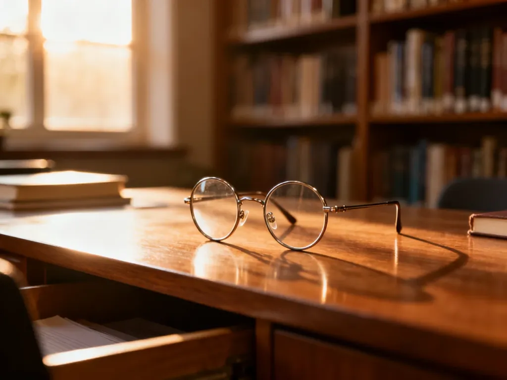 Stylowe, okrągłe okulary korekcyjne typu lenonki leżące na drewnianym biurku w przytulnym, bibliotecznym wnętrzu.