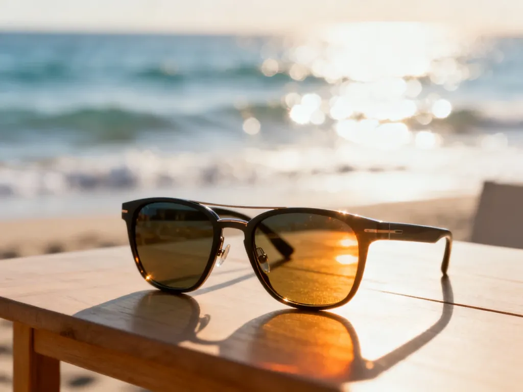 Nowoczesne okulary przeciwsłoneczne na drewnianym stole na tle słonecznej plaży, ilustrujące ochronę przed słońcem.