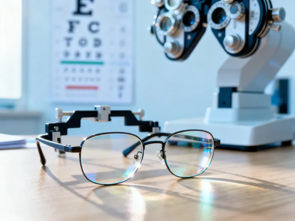 Profesjonalna oprawa próbna i soczewki okularowe na biurku w gabinecie optometrysty, przygotowane do badania wzroku.