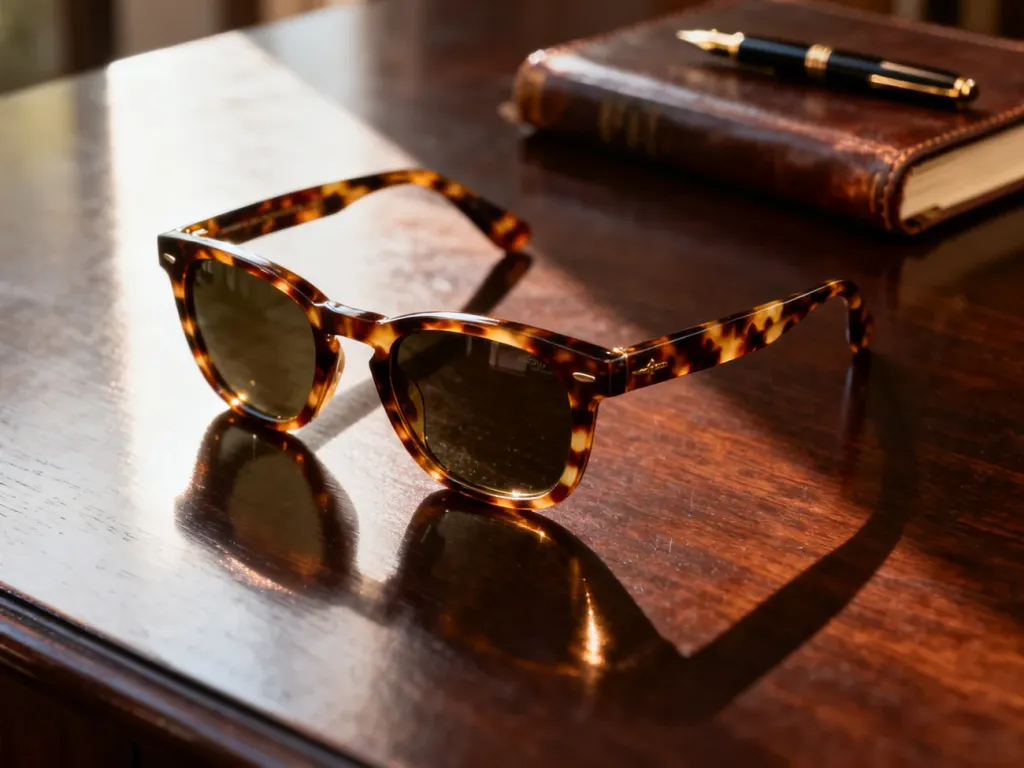 Klasyczne okulary przeciwsłoneczne Persol w szylkretowej oprawie na eleganckim drewnianym stole.